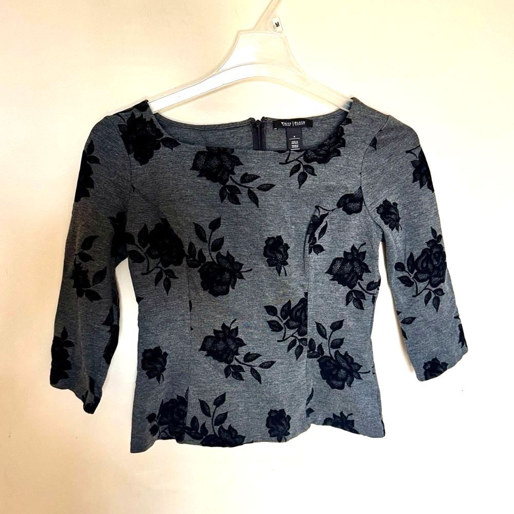 White House Black Market Black Top Floral Gray Black Blouse Sz 6 Small Stretch
